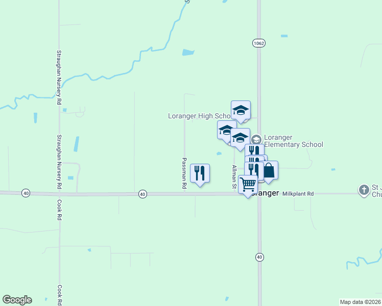 map of restaurants, bars, coffee shops, grocery stores, and more near 54120 Passman Road in Loranger