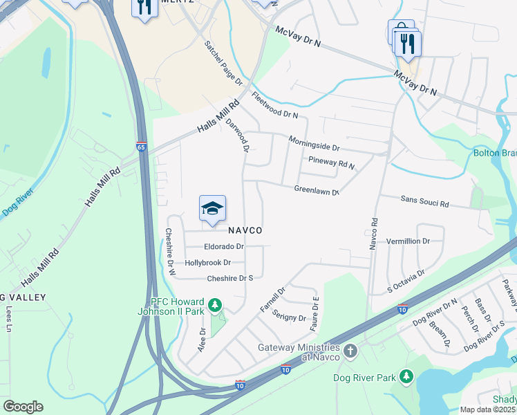 map of restaurants, bars, coffee shops, grocery stores, and more near 1612 Greenbrier Drive East in Mobile