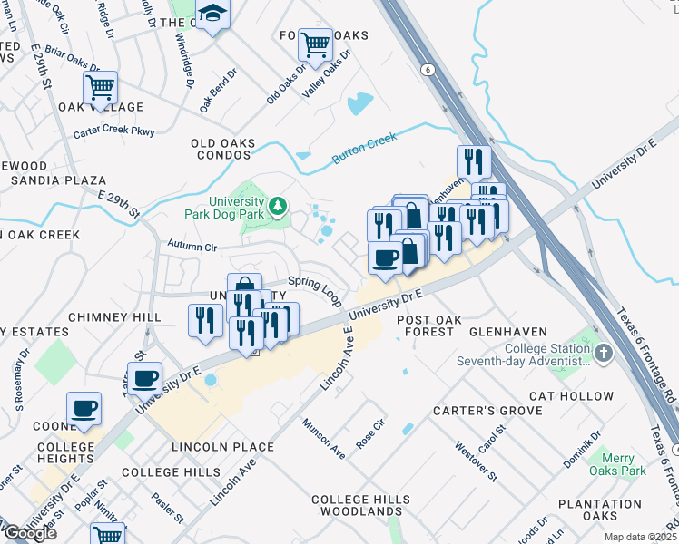 map of restaurants, bars, coffee shops, grocery stores, and more near 1219 April Bloom in College Station