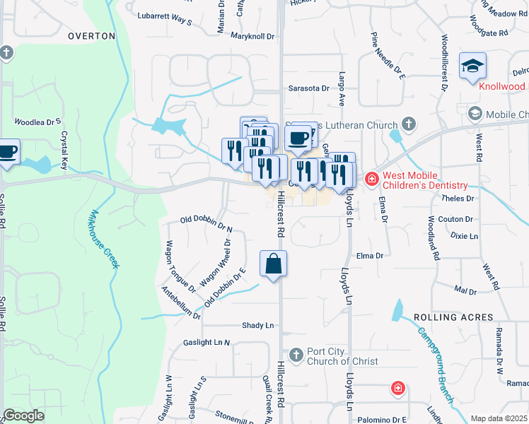 map of restaurants, bars, coffee shops, grocery stores, and more near 6555 Logan Road in Mobile