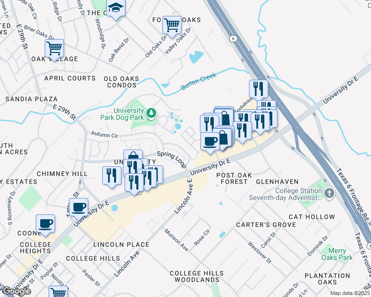 map of restaurants, bars, coffee shops, grocery stores, and more near 112 Forest Drive in College Station