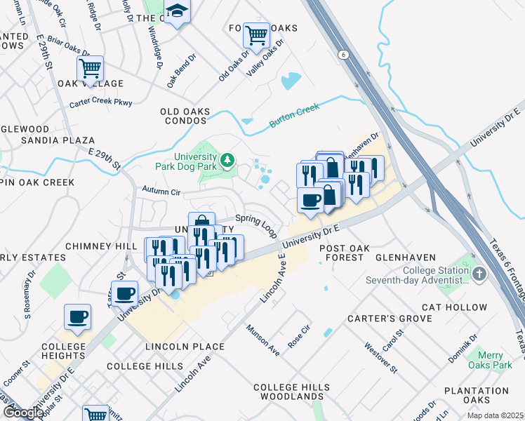 map of restaurants, bars, coffee shops, grocery stores, and more near 1202 April Bloom in College Station