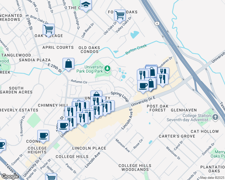 map of restaurants, bars, coffee shops, grocery stores, and more near 403A Fall Circle in College Station