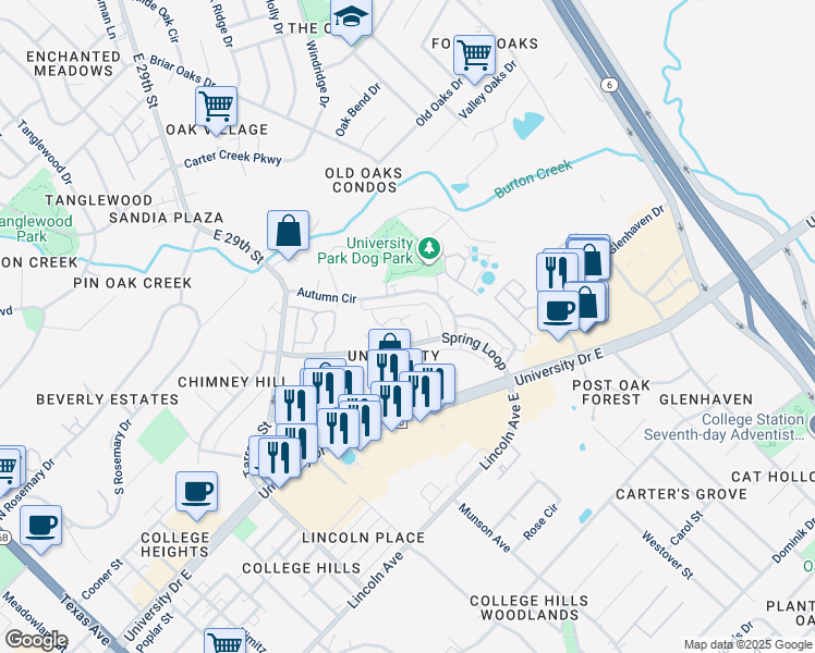 map of restaurants, bars, coffee shops, grocery stores, and more near 1005 Summer Court Circle in College Station