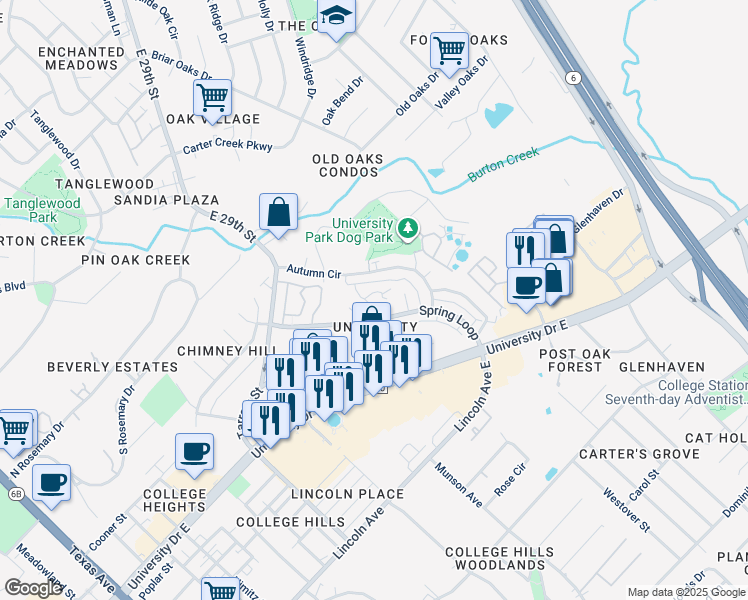 map of restaurants, bars, coffee shops, grocery stores, and more near 1005 Summer Court Circle in College Station