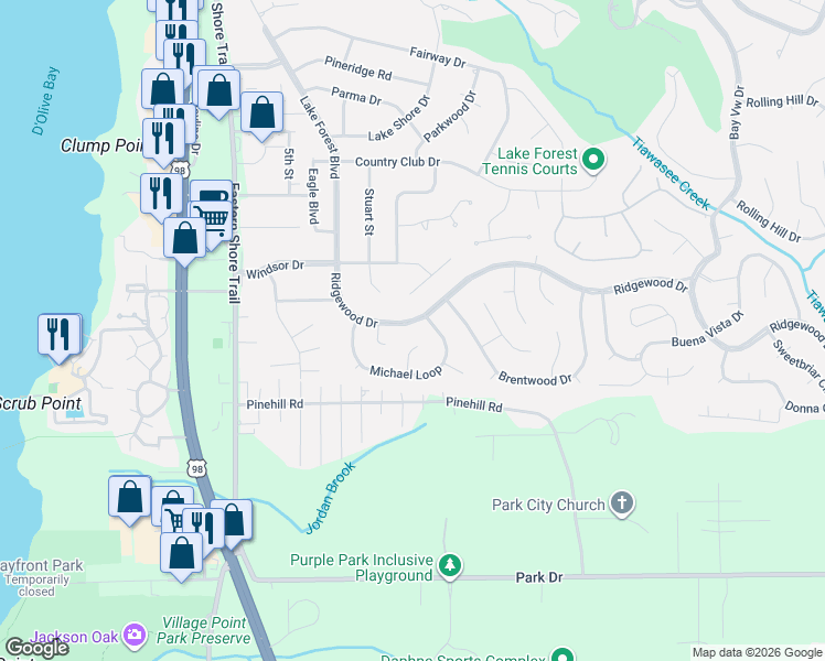 map of restaurants, bars, coffee shops, grocery stores, and more near 130 Ridgewood Drive in Daphne