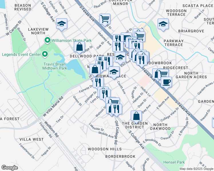 map of restaurants, bars, coffee shops, grocery stores, and more near 201 Willow Avenue in Bryan
