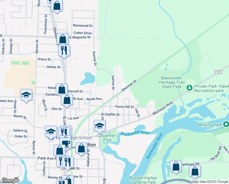 map of restaurants, bars, coffee shops, grocery stores, and more near 6850 Sherman Street in Milton