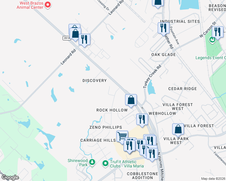 map of restaurants, bars, coffee shops, grocery stores, and more near 2802 Hard Rock Circle in Bryan