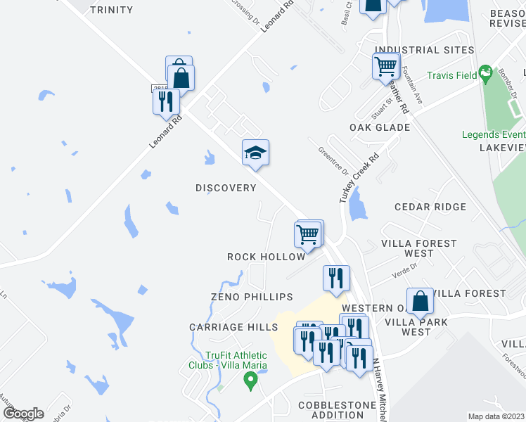 map of restaurants, bars, coffee shops, grocery stores, and more near 2807 Hard Rock Circle in Bryan