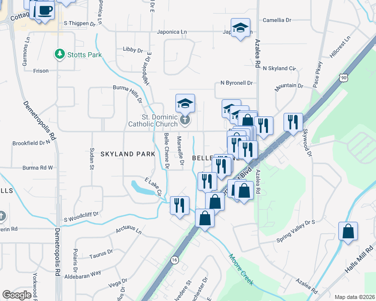 map of restaurants, bars, coffee shops, grocery stores, and more near 4039 Burma Road in Mobile