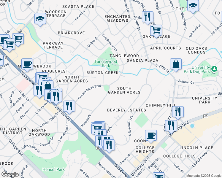 map of restaurants, bars, coffee shops, grocery stores, and more near 739 Inwood Dr in Bryan