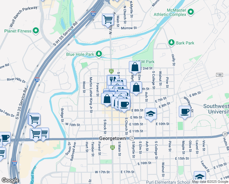 map of restaurants, bars, coffee shops, grocery stores, and more near 521 South Austin Avenue in Georgetown
