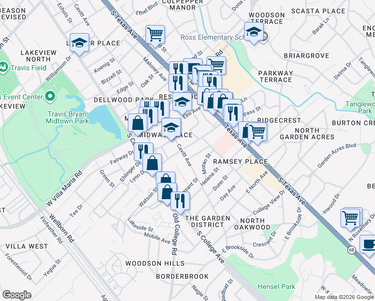 map of restaurants, bars, coffee shops, grocery stores, and more near 3206 Cavitt Avenue in Bryan