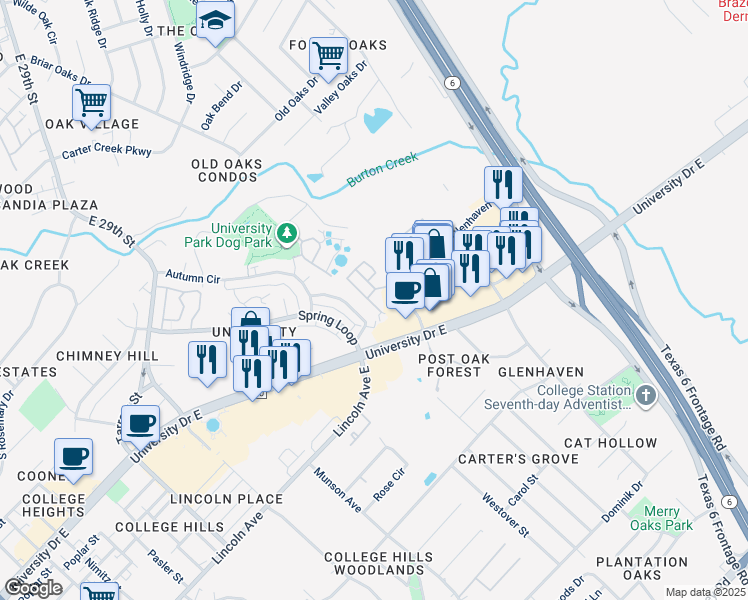 map of restaurants, bars, coffee shops, grocery stores, and more near 126 Forest Drive in College Station