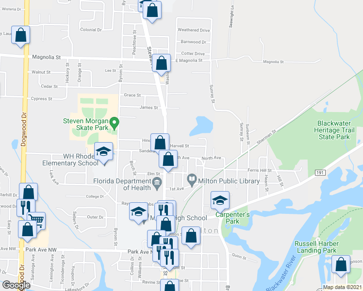 map of restaurants, bars, coffee shops, grocery stores, and more near 100 Harvell Street in Milton