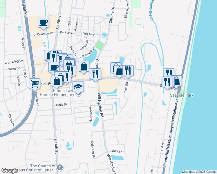 map of restaurants, bars, coffee shops, grocery stores, and more near 2132 Sadler Road in Fernandina Beach
