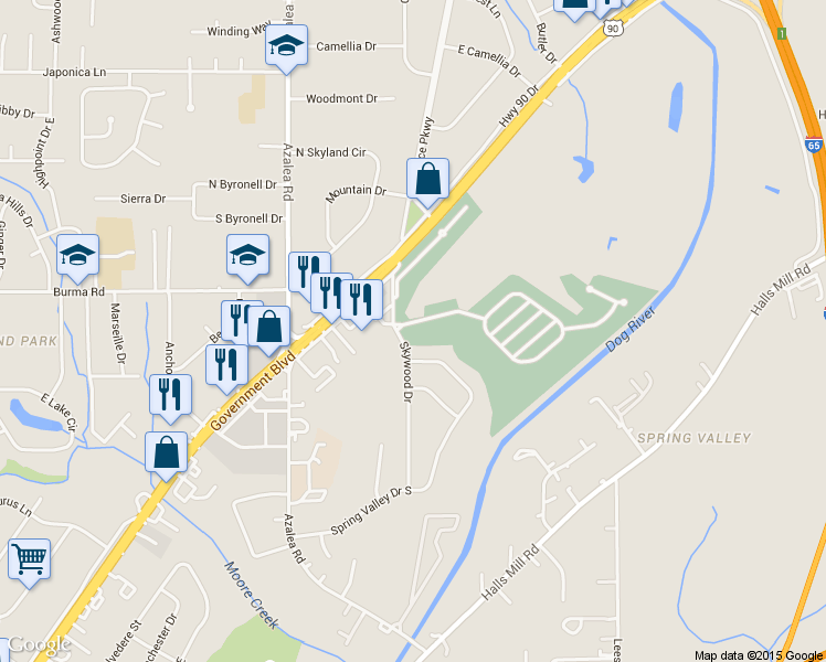 map of restaurants, bars, coffee shops, grocery stores, and more near 4199 Heron Lakes Drive in Mobile