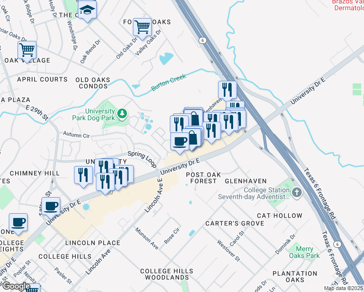 map of restaurants, bars, coffee shops, grocery stores, and more near 1405 University Drive East in College Station