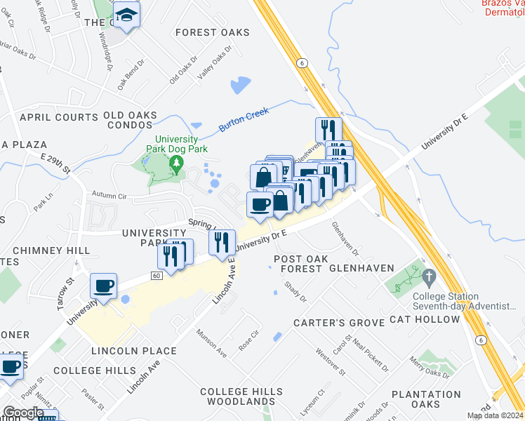 map of restaurants, bars, coffee shops, grocery stores, and more near 1405 University Drive East in College Station
