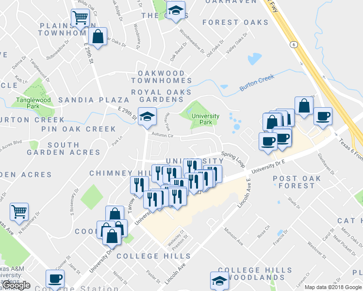 map of restaurants, bars, coffee shops, grocery stores, and more near 400 Summer Court in College Station
