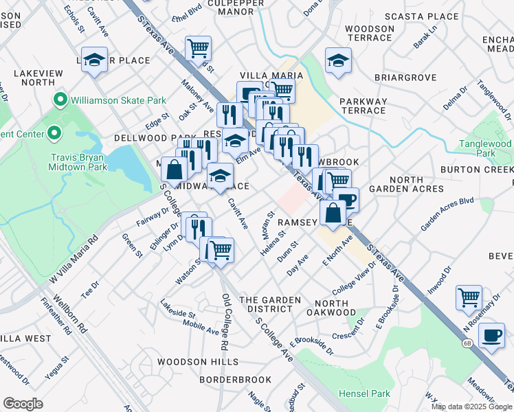 map of restaurants, bars, coffee shops, grocery stores, and more near 414 Gilbert Street in Bryan