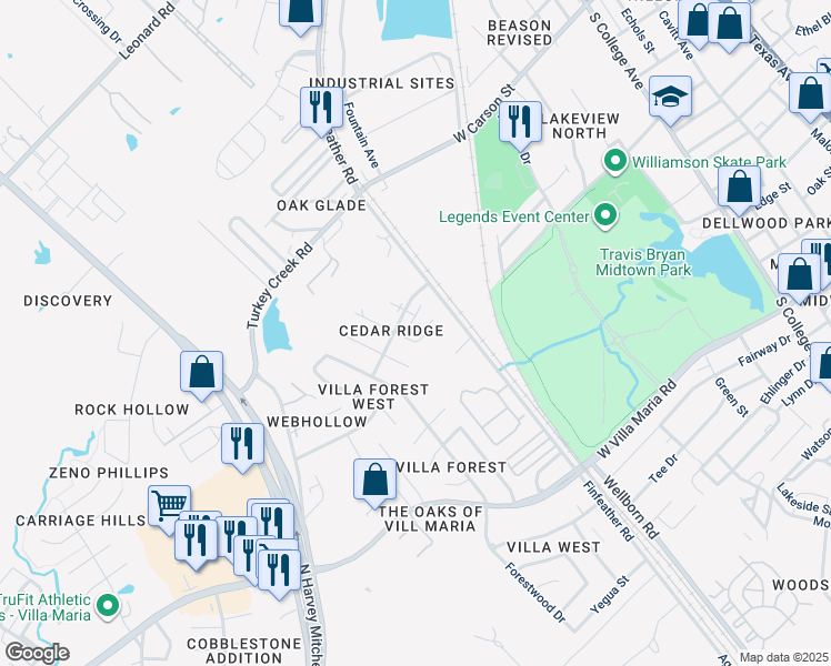 map of restaurants, bars, coffee shops, grocery stores, and more near 2805 Cypress Bend Circle in Bryan