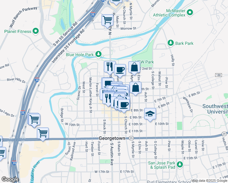 map of restaurants, bars, coffee shops, grocery stores, and more near 503 South Main Street in Georgetown