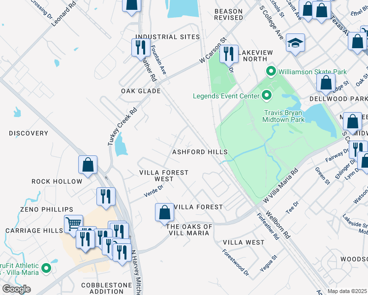 map of restaurants, bars, coffee shops, grocery stores, and more near 2805 Cypress Bend Circle in Bryan
