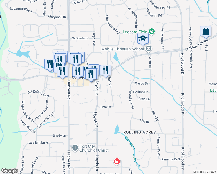 map of restaurants, bars, coffee shops, grocery stores, and more near 6101 Lennox Pl in Mobile