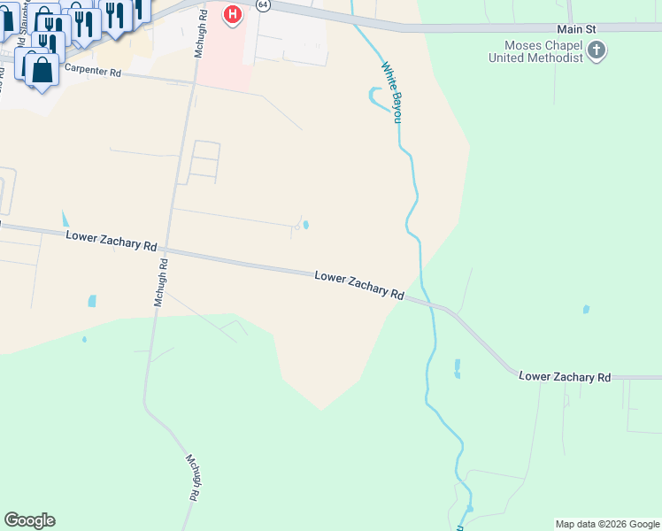 map of restaurants, bars, coffee shops, grocery stores, and more near 7153 Lower Zachary Road in Zachary