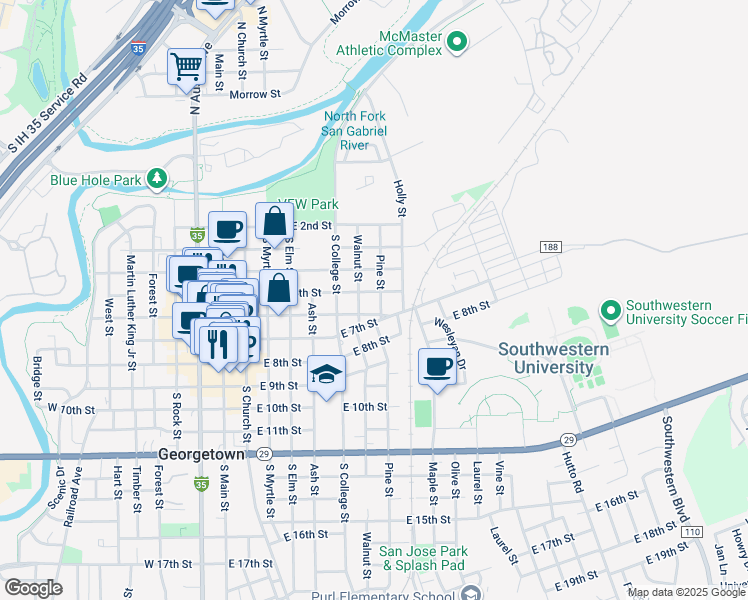 map of restaurants, bars, coffee shops, grocery stores, and more near 502 Pine Street in Georgetown