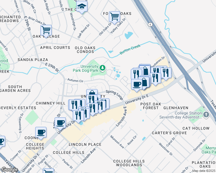 map of restaurants, bars, coffee shops, grocery stores, and more near 1202 April Bloom in College Station