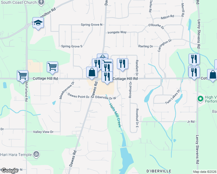 map of restaurants, bars, coffee shops, grocery stores, and more near 2500 Dawes Road in Mobile