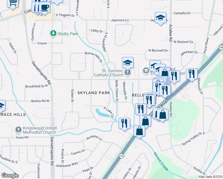 map of restaurants, bars, coffee shops, grocery stores, and more near 1215 Barcelona Drive in Mobile