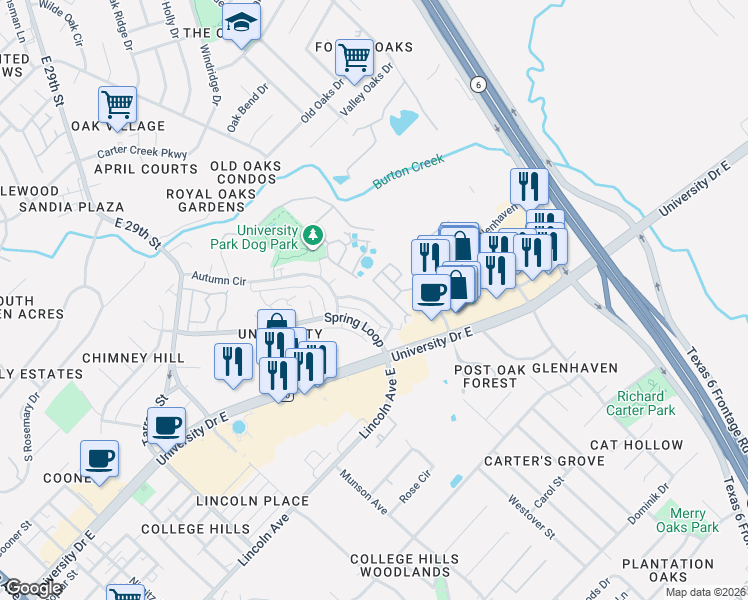 map of restaurants, bars, coffee shops, grocery stores, and more near 112 Forest Drive in College Station