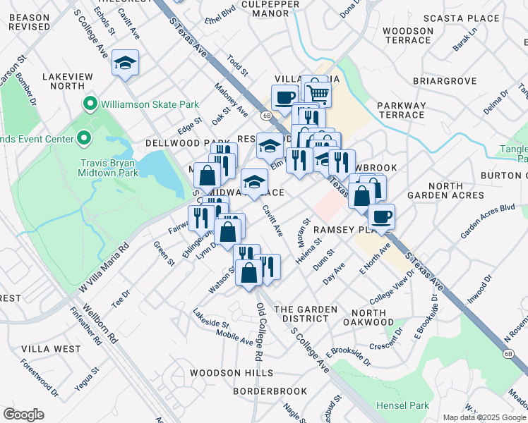 map of restaurants, bars, coffee shops, grocery stores, and more near 3206 Cavitt Avenue in Bryan