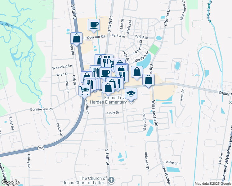 map of restaurants, bars, coffee shops, grocery stores, and more near 1464 Sadler Road in Fernandina Beach