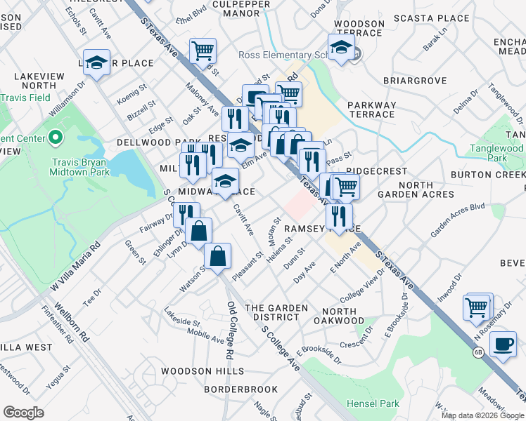 map of restaurants, bars, coffee shops, grocery stores, and more near 414 Gilbert Street in Bryan