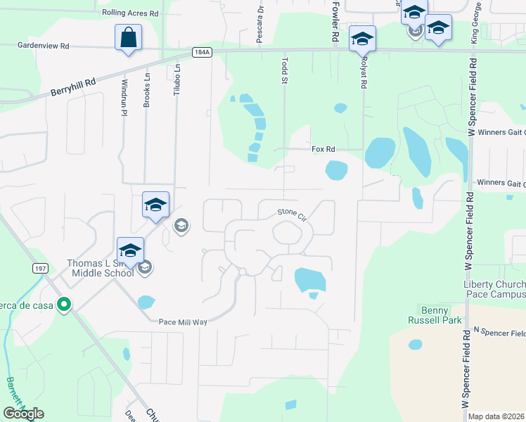 map of restaurants, bars, coffee shops, grocery stores, and more near 5709 Mill Stream Way in Pace