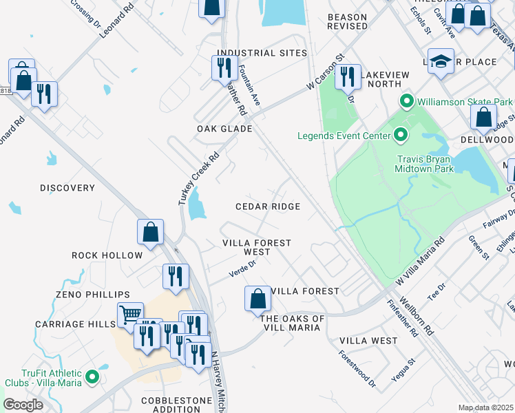 map of restaurants, bars, coffee shops, grocery stores, and more near 2711 Evergreen Circle in Bryan