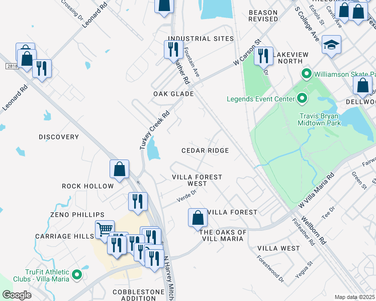 map of restaurants, bars, coffee shops, grocery stores, and more near 2705 Sprucewood Street in Bryan