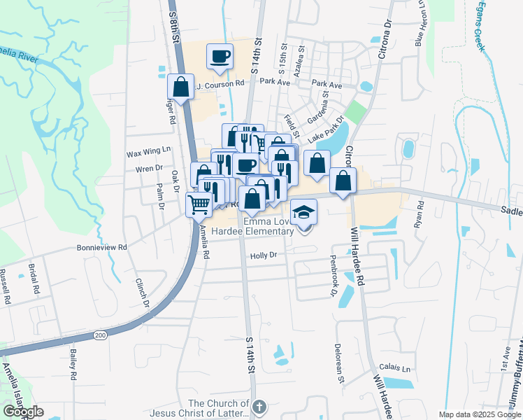 map of restaurants, bars, coffee shops, grocery stores, and more near 1464 Sadler Road in Fernandina Beach