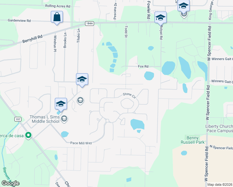 map of restaurants, bars, coffee shops, grocery stores, and more near 5709 Mill Stream Way in Pace