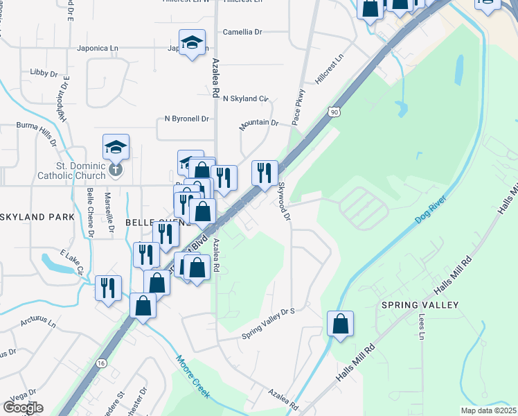 map of restaurants, bars, coffee shops, grocery stores, and more near 3923 Government Boulevard in Mobile