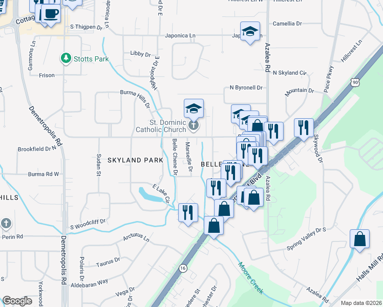 map of restaurants, bars, coffee shops, grocery stores, and more near 4039 Burma Road in Mobile