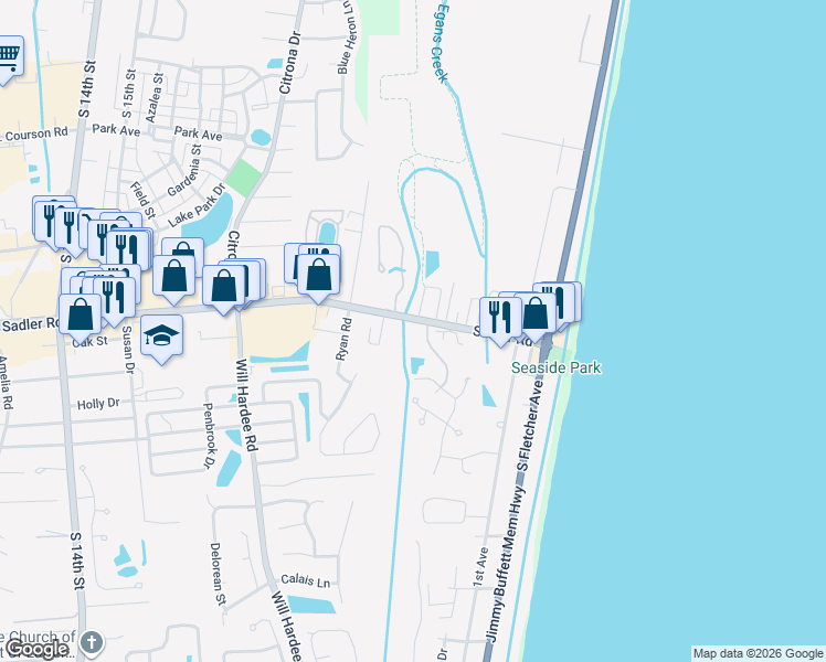 map of restaurants, bars, coffee shops, grocery stores, and more near 2270 Sadler Road in Fernandina Beach
