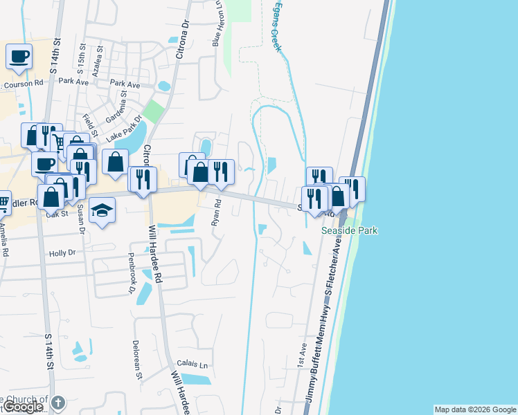 map of restaurants, bars, coffee shops, grocery stores, and more near 2270 Sadler Road in Fernandina Beach