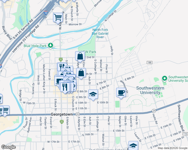map of restaurants, bars, coffee shops, grocery stores, and more near 504 S College St in Georgetown