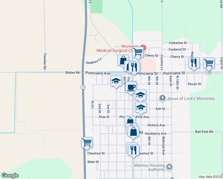 map of restaurants, bars, coffee shops, grocery stores, and more near 1205 4th Street in Mamou